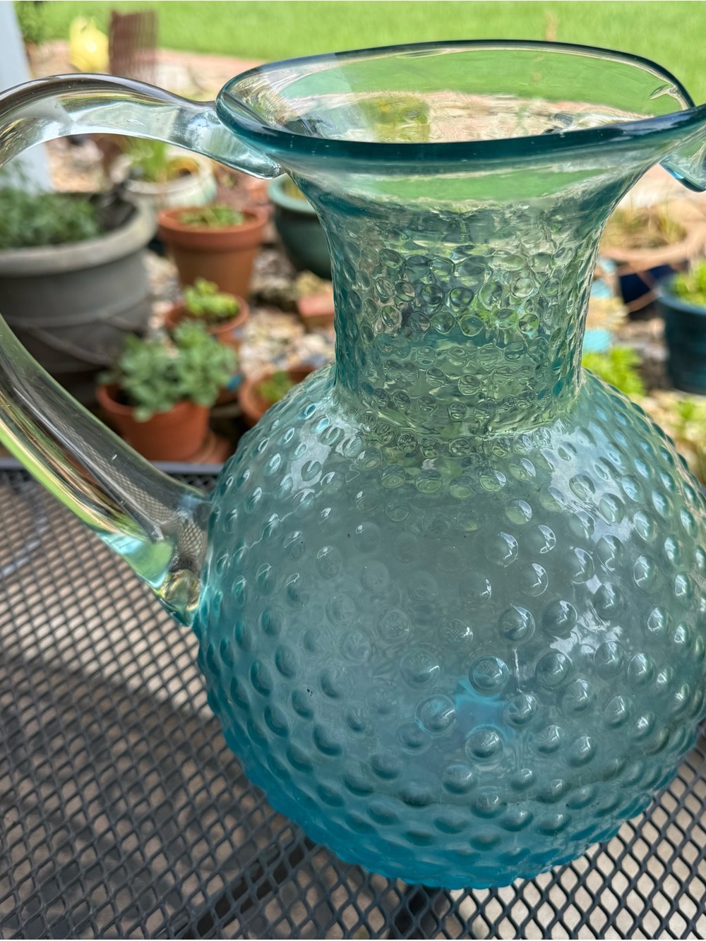 Large Hobnail Blue Turquoise Glass Pitcher 11.5 Inches